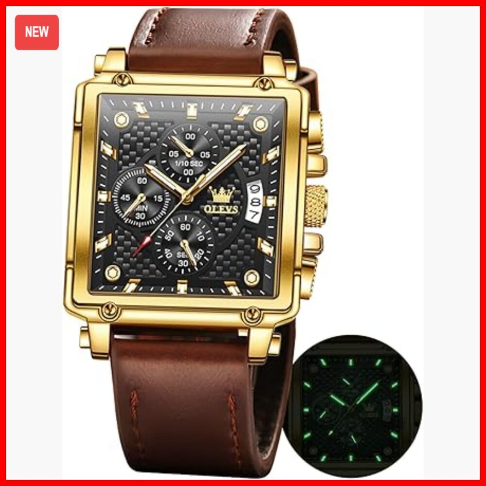 Men's Square Chronograph Watch Quartz Movement Leather Strap Waterproof